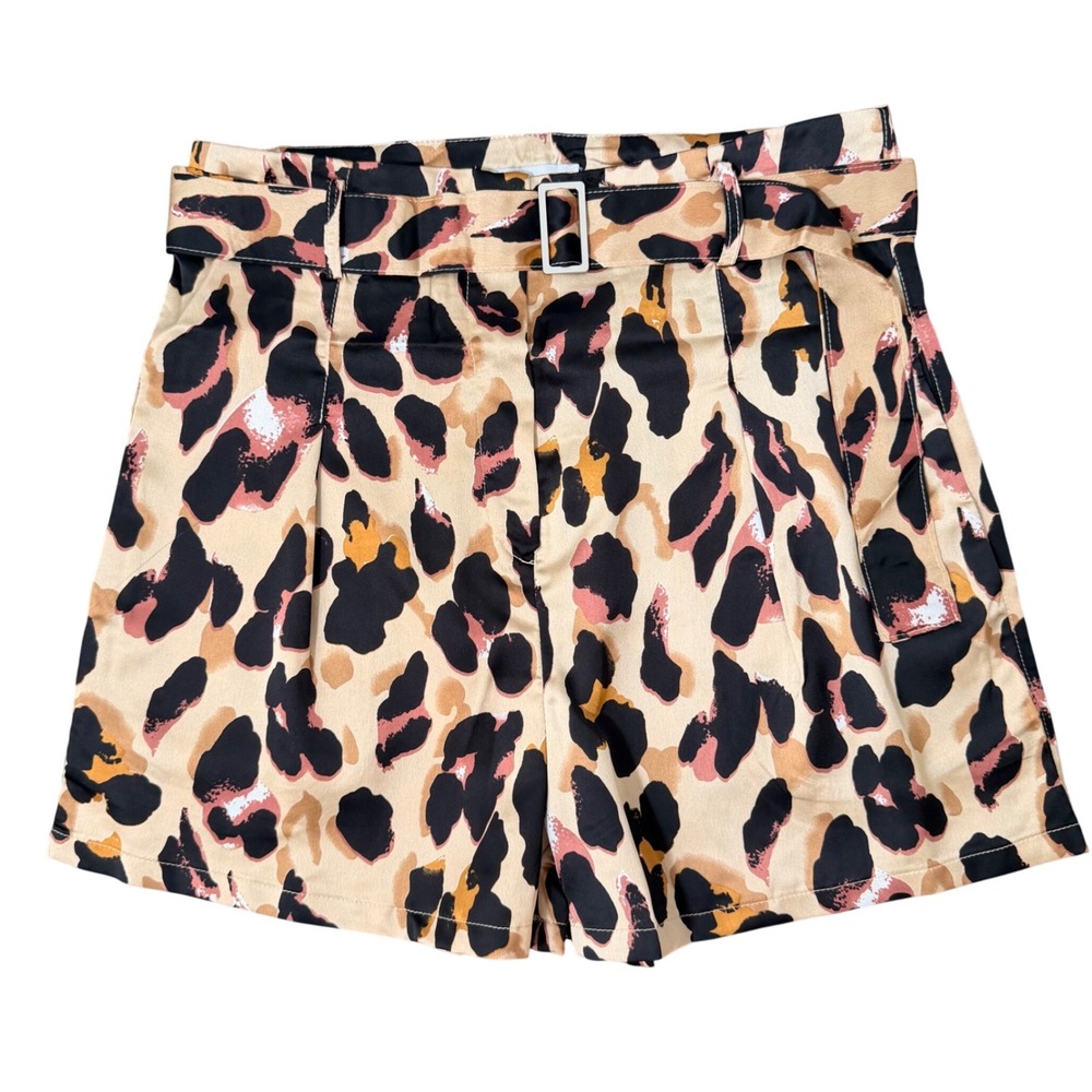 Leopard Pleated Belted Satin Shorts (M) High Rise‎ Flattering Dressy Feminine